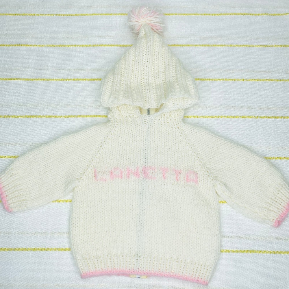Vintage Handmade Pom Pom Hooded Sweater Girls Baby 3-6 Months Lanetta Pink White